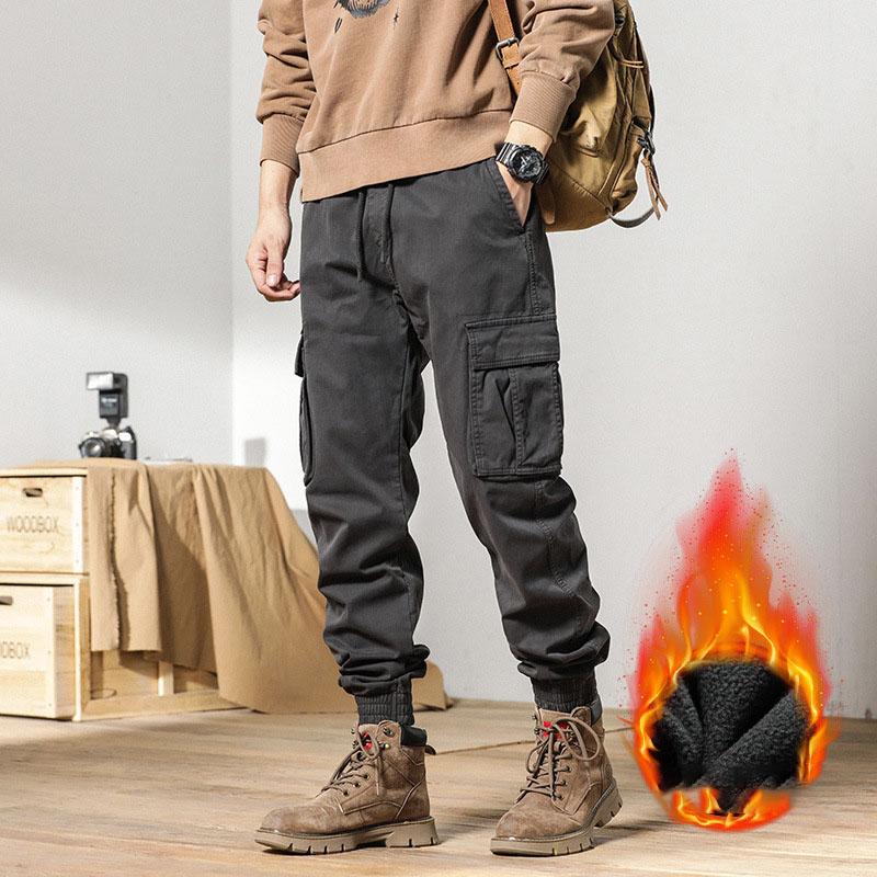 Multi-Pockets Winter Cargo Pants Men Fleece Liner Thick Warm Slim Fit Joggers Streetwear Casual Cotton Thermal Trousers