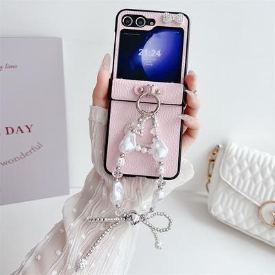 Leder-Handgelenkband-Handyhülle mit Schleife für Samsung Galaxy Z Flip 5 4 3 Flip5 Flip4 Flip3 5G, harte, stoßfeste Schutzhülle