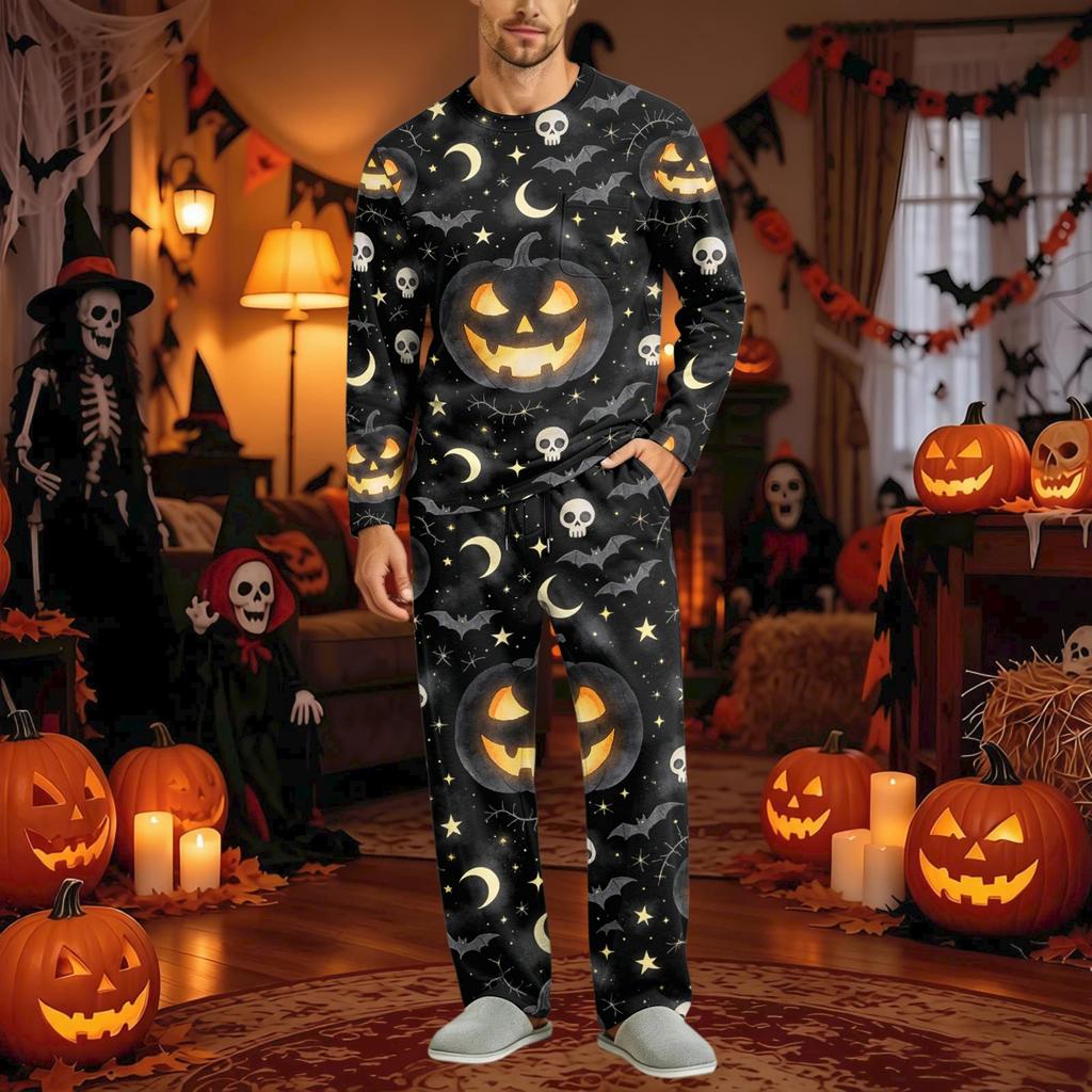 Men's Halloween Pajama Set Long Sleeve Long Pants with Crotch Buttons and Elastic Drawstring Waist