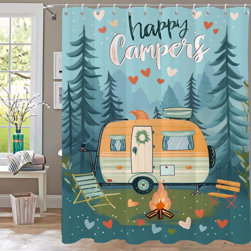 1Pc Cartoon Happy Camper Print Shower Curtain Partition Privacy Hanging Bathroom Curtain With 12 Hooks Machine Washable