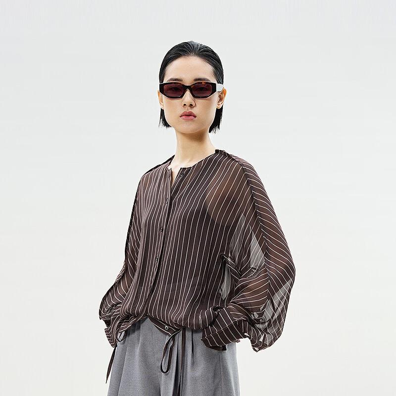 Less 2025 Summer Loose Fit Round Neck Silk Striped Shirt