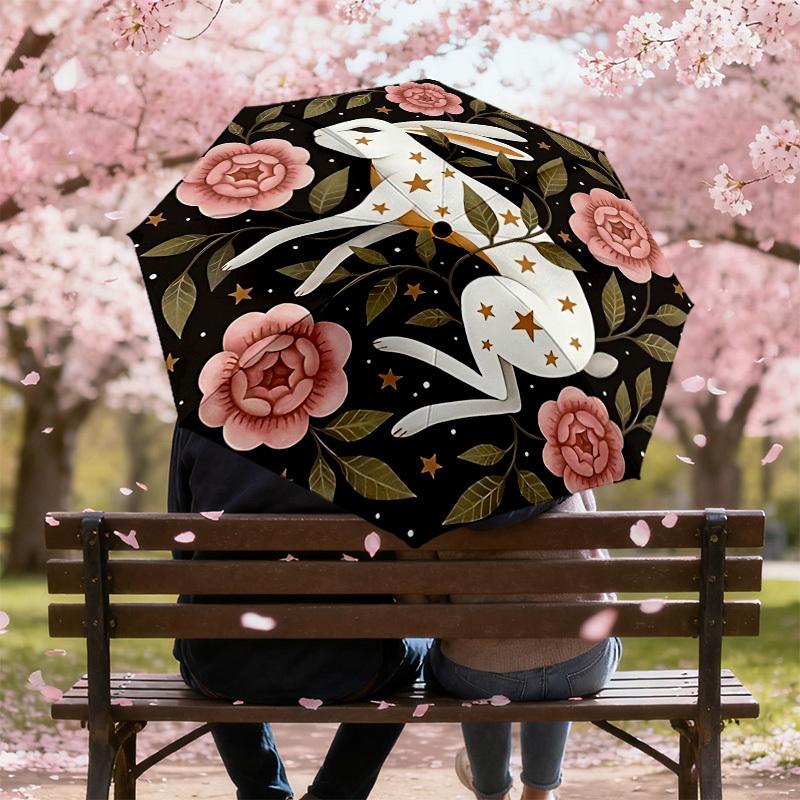1pc rabbit flowers Automatic Folding Umbrella 8 Rib Iron Frame,  Suitable for Travel, Daily Use, Birthday, Women & Men Gift c1231077