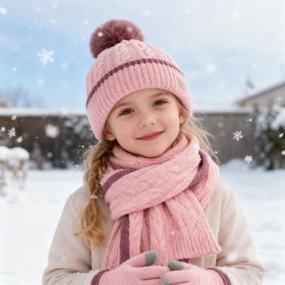 3Pcs/Set Kids Hat Scarf Gloves Set Solid Color Twist Texture Plush Ball Decor Hat Long Scarf Gloves Set Elastic Winter Accessories