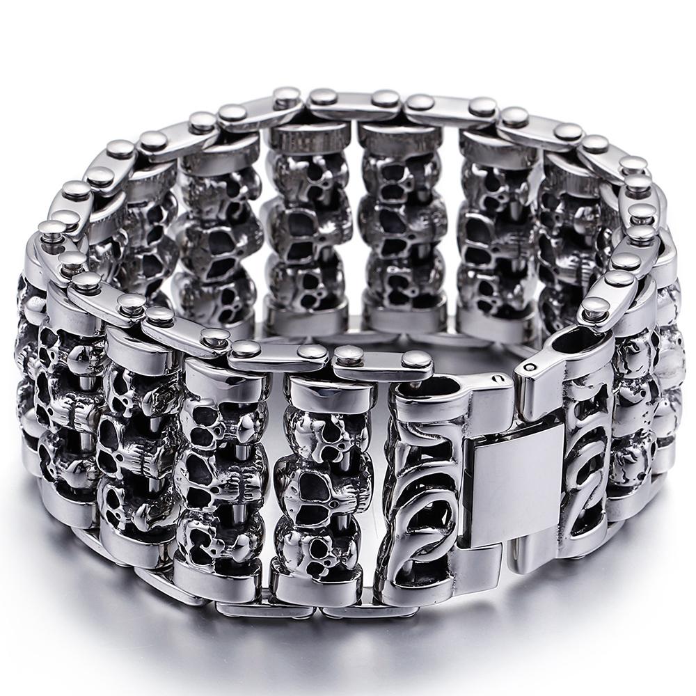 

Готический мужской браслет с черепом для мужчин из цельной нержавеющей стали 316L шириной 35 мм, панк-цепочка, наручный браслет, ювелирные украшения для рук, аксессуары-скелеты 24.5CM
