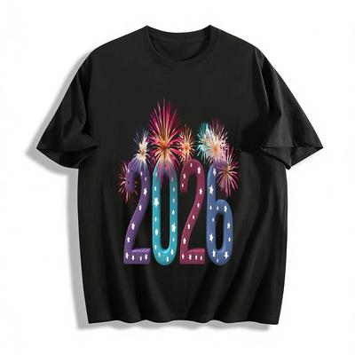 2026 New Year Firework Print Casual Top For Holiday Pure Cotton T-shirt