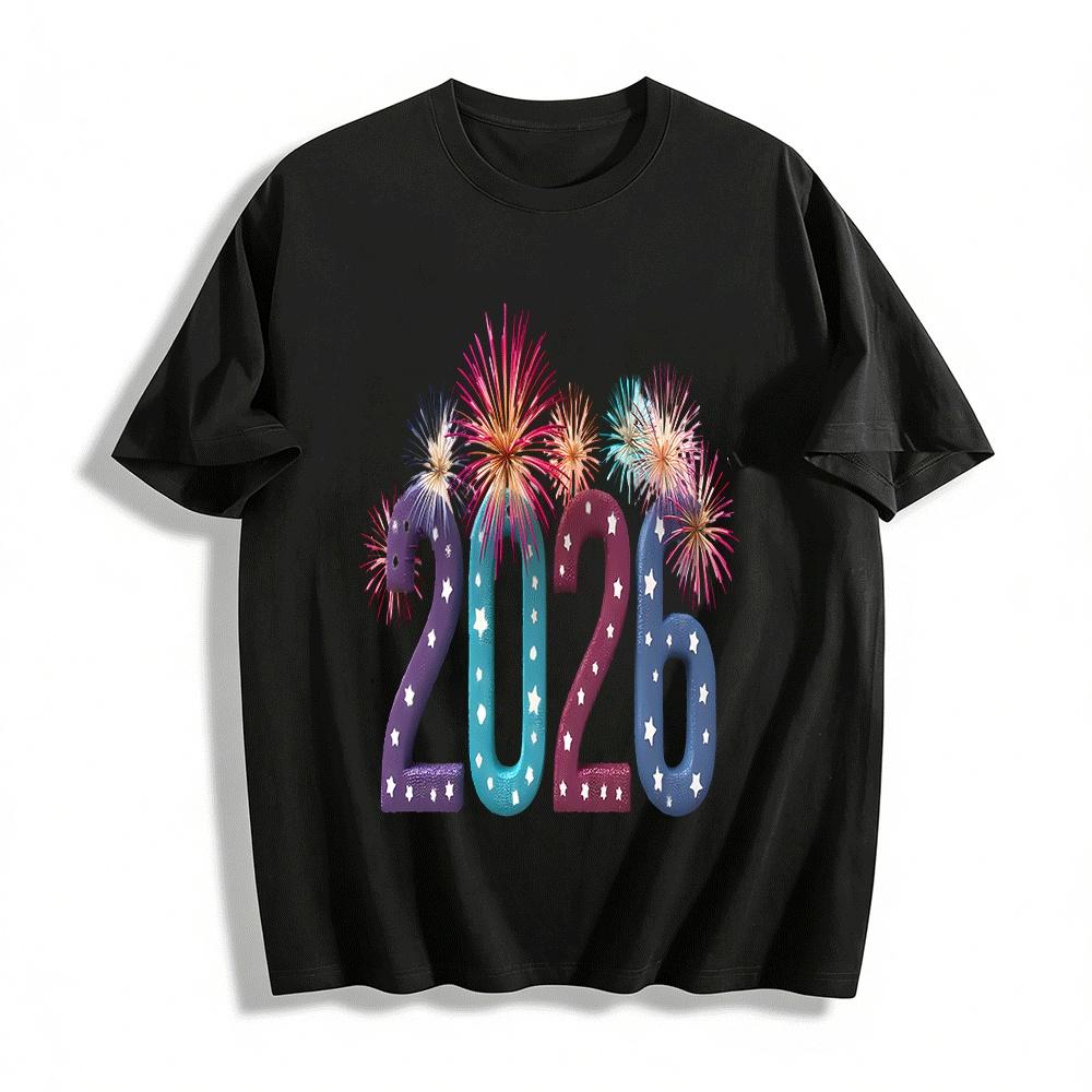 2026 New Year Firework Print Casual Top For Holiday Pure cotton T-shirt XXS