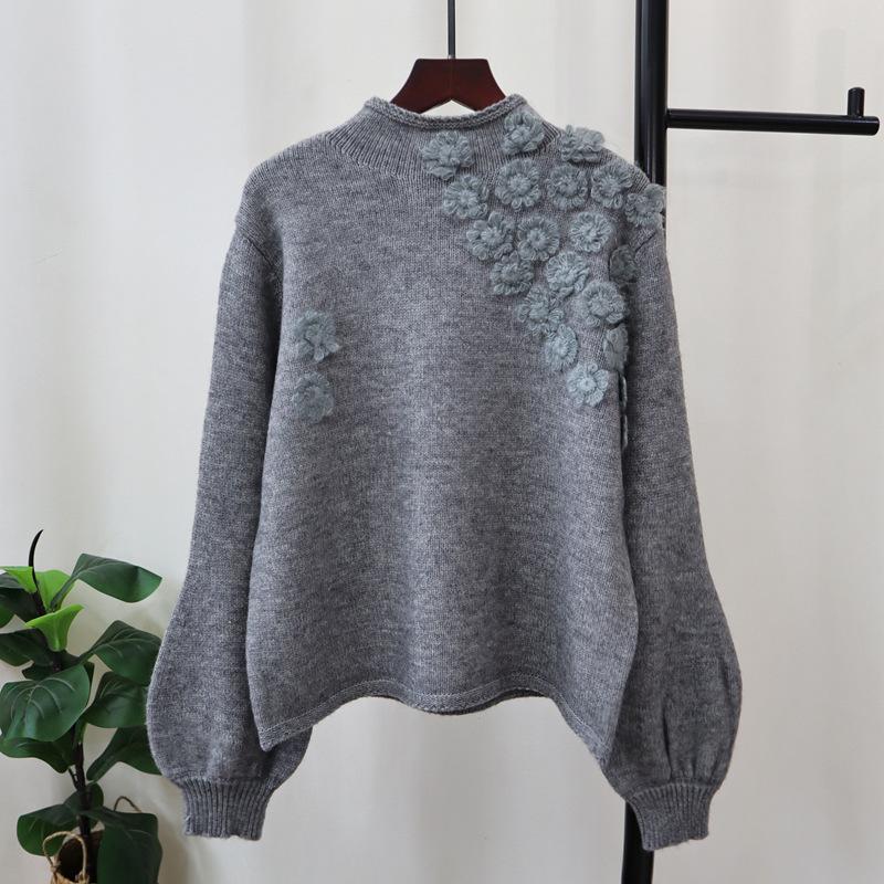 Autumn and winter new three-dimensional flower knitted sweater top soft waxy loose design semi-turtleneck sweater pullover women