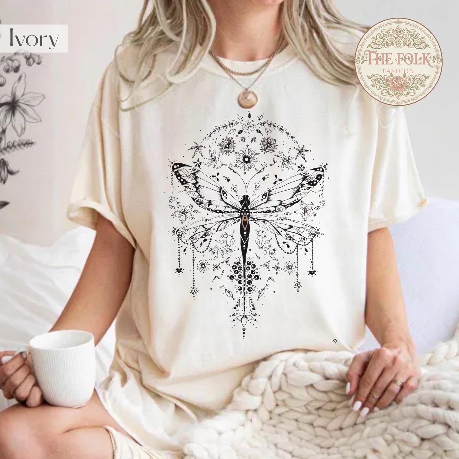 Dragonfly Shirt, Boho Witchy Clothing, Vintage Botanical Tee, Goth Cottagecore Tshirt, Mystical Insect Top, Aesthetic Nature Lover Shirt S