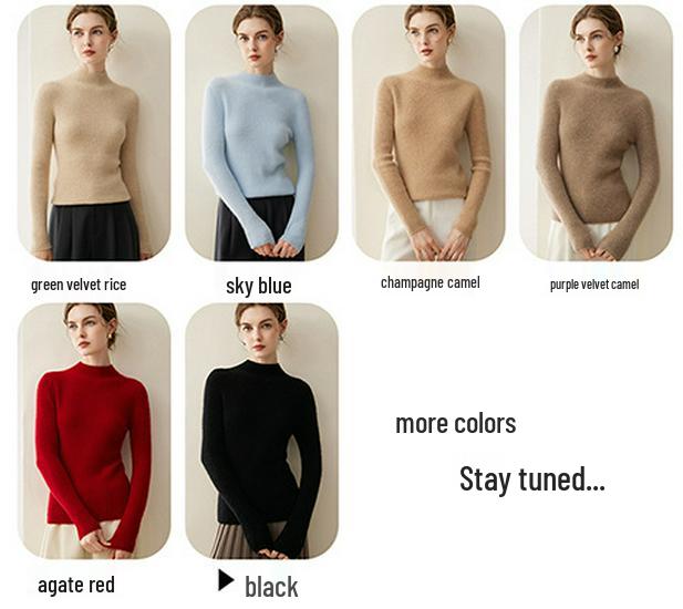 Women's 100% Cashmere Long Sleeve Knit Sweater - Half-High Neck, Tight-Fitting, Versatile Base Layer for Autumn/Winter.