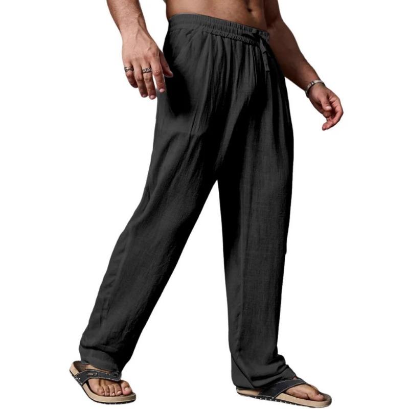 Men Elastic Drawstring Waist Linen Pants Loose Wide Leg Breathable Summer Beach Casual Long Trousers