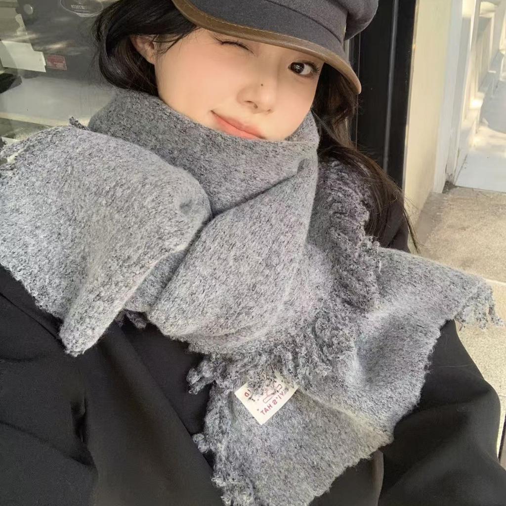 Blue Tassel Knitted Scarf for Women in Winter Korean Style Versatile High End Thickened Warm and Cold Protection Neck Scarf Shawl