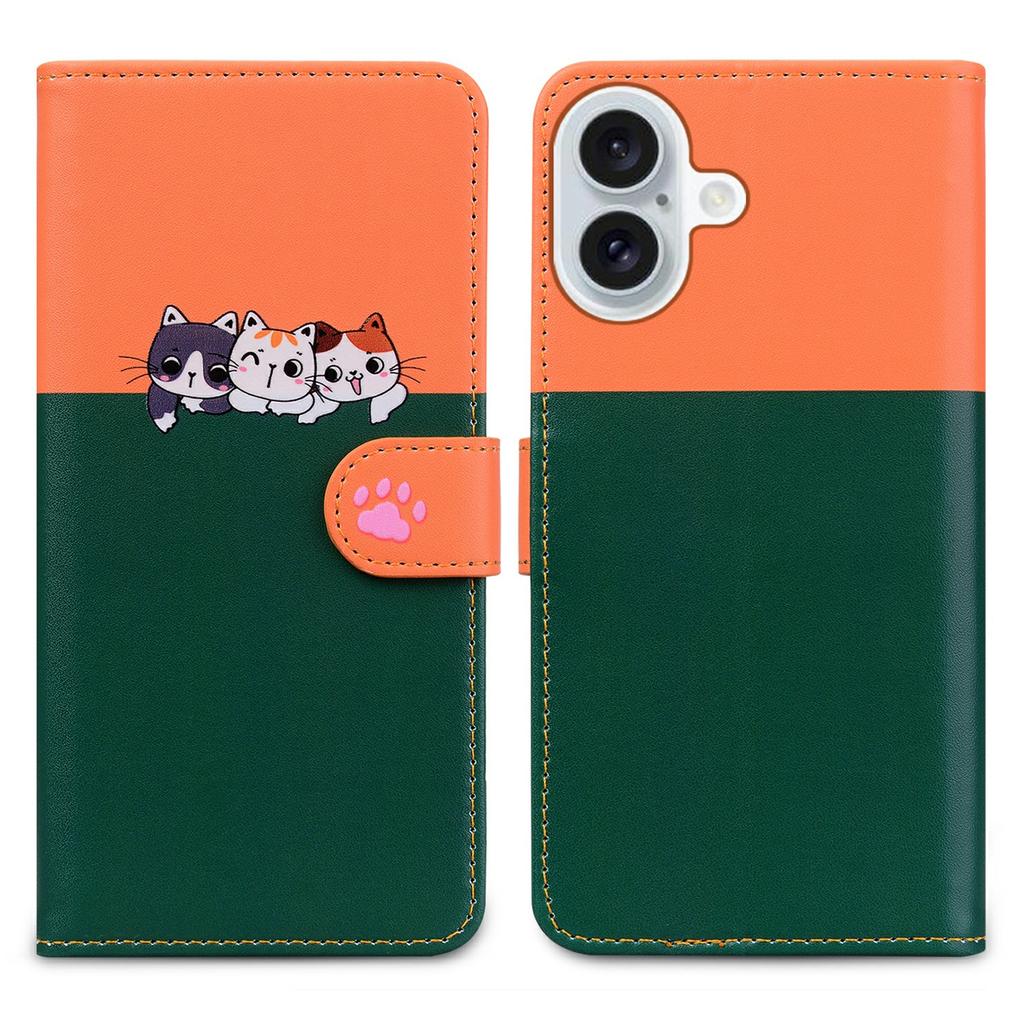Cartoon Pet Series for iPhone 16 Plus Wallet Phone Case Splicing Leather Flip Cover