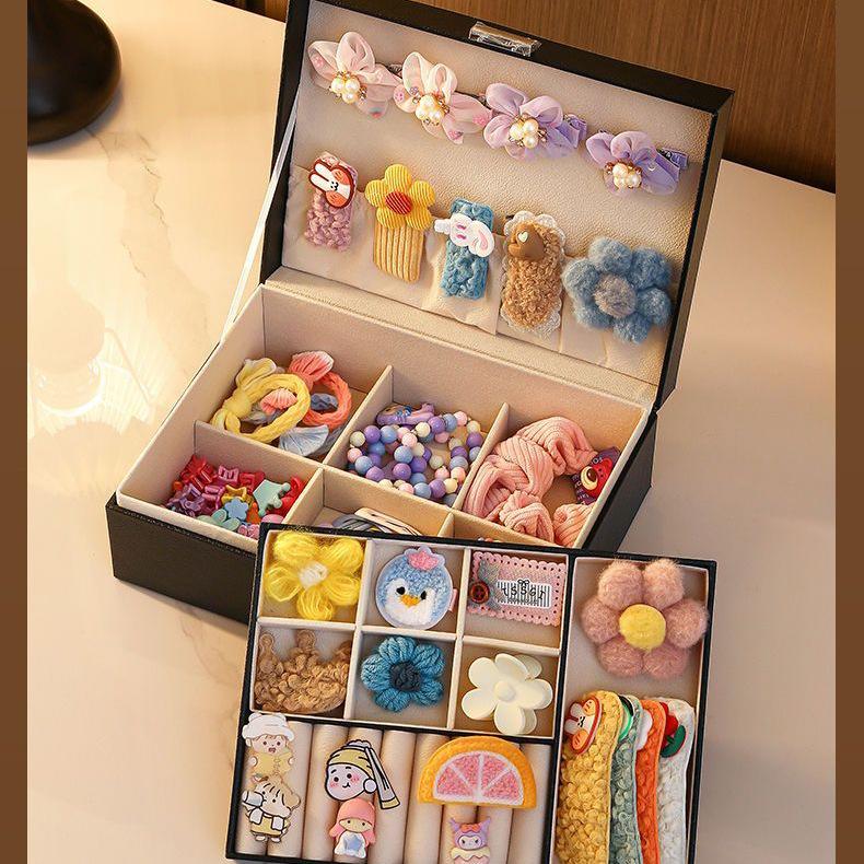 Girls  Hair Accessory Organizer: Large Leather Box with Drawer for Clips & Bands