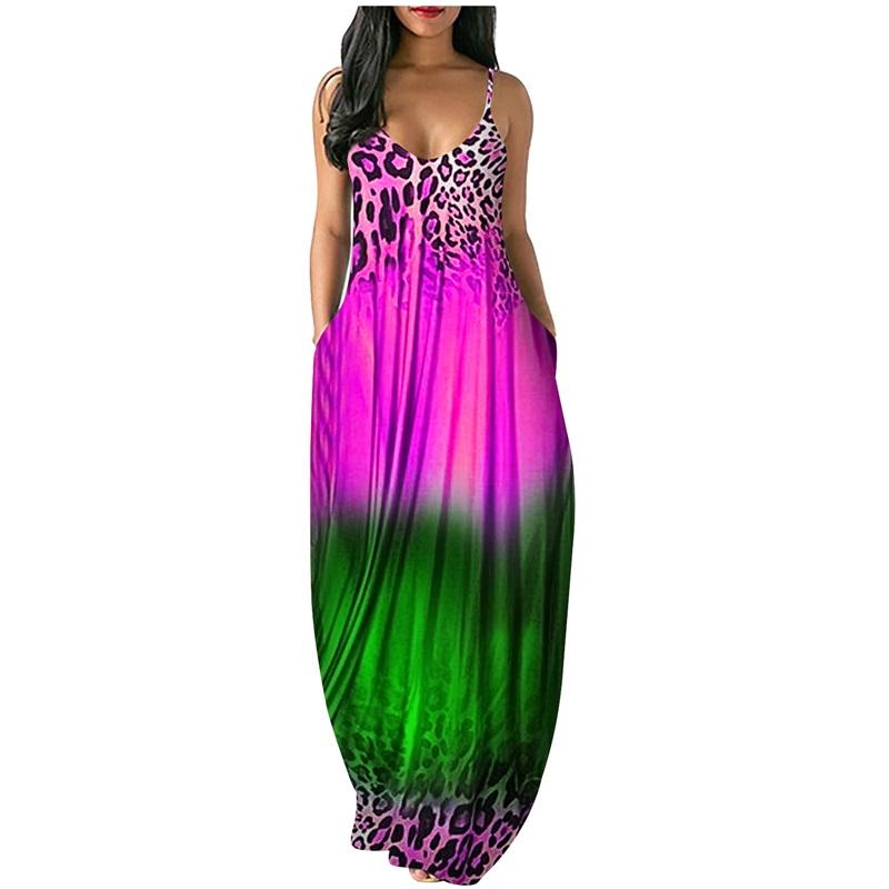 Women's Leopard Print Gradient Maxi Dress Sleeveless V Neck Casual Long Dress With Pockets