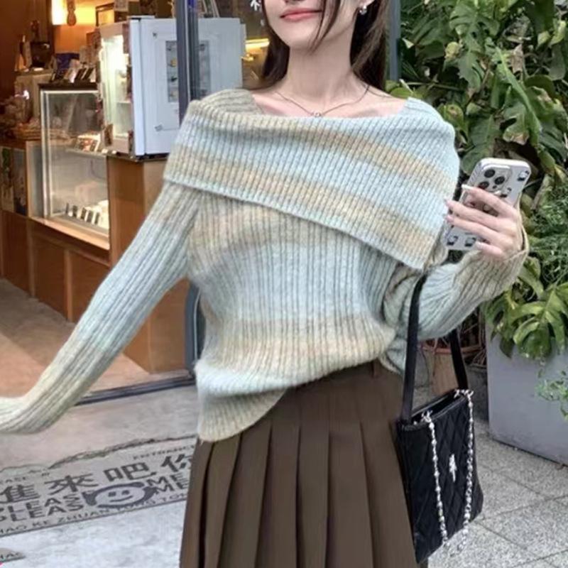 Women's Autumn 2025 One-Shoulder Knit Sweater with French Stripe Design, Long Sleeve Sweet-Spicy Style