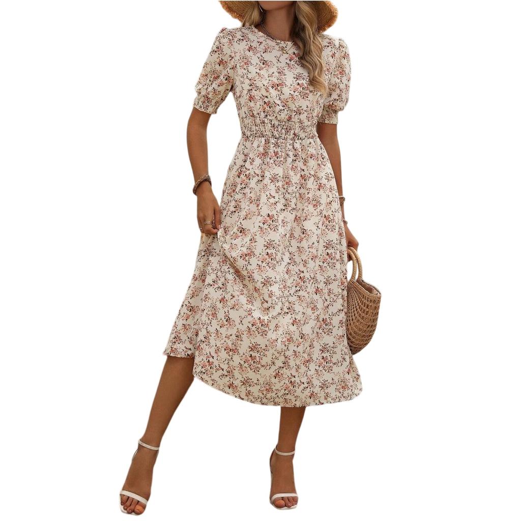 Women's Fashionable Round Neck Short Sleeved Floral Print Holiday Casual Dress
