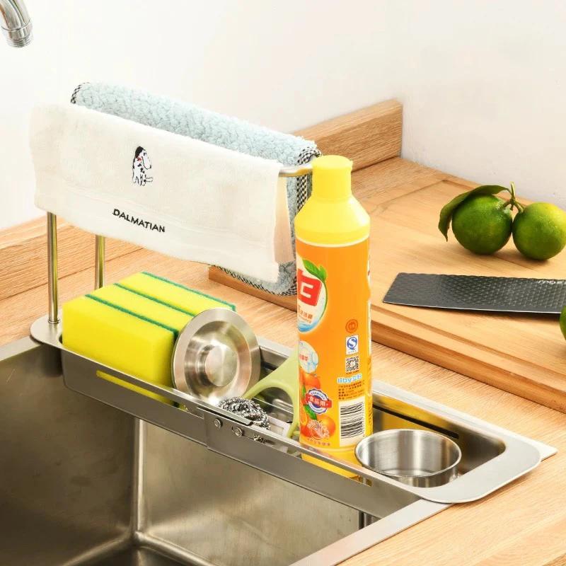 Telescopic Sink Storage Rack Stainless Steel Kitchen Dish Sponge Holder Towel Hanger Drain Basket Filter Bathroom Organizer