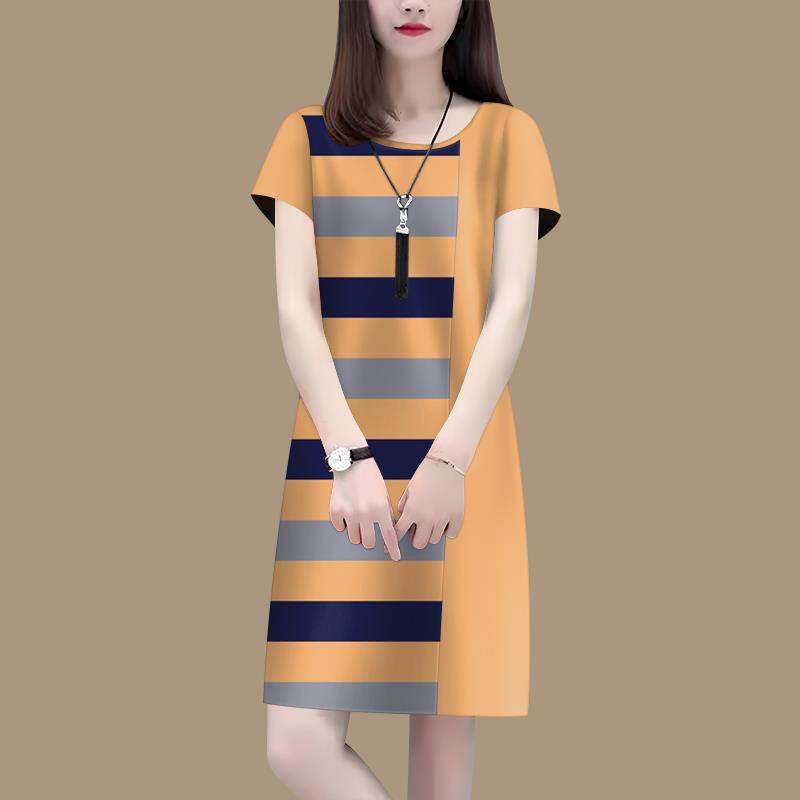 2025 Summer Loose Fit Ladies Round Neck Short-sleeved Dress Korean Style Striped Printing Fashion A-line Mid-length Dress