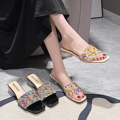 Sandali e Ciabatte Estivi Nuovi da Donna con Tacco Medio Tacco Grosso Ciabatte da Donna con Punta Aperta Tacco Alto Strass