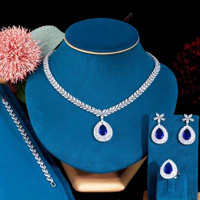 CMM Water Drop Royal Blue Cubic Zirconia Necklace Earrings Ring And Bracelet 4 Piece Wedding Jewelry Set