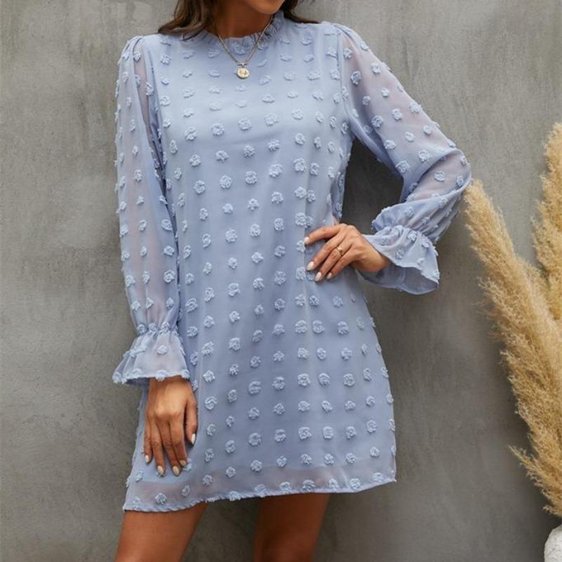 Women's Fashion Polka Dot Print Long Sleeve O-Neck Casual Dresses