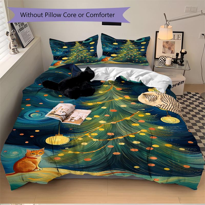 3pc Christmas Cat Cover Set - 1 Quilt Cover + 2 Pillowcases, All Seasons Bedroom Setting, Perfect for Home035