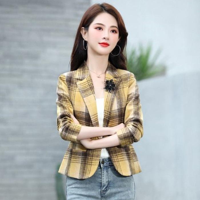 Women's Spring and Fall Short Plaid Blazer
