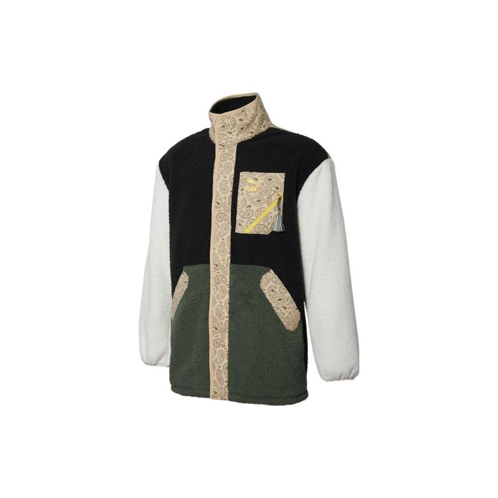 Puma Paisley Cashew Flower Spliced Pocket Faux Lambswool Fleece Collar Jacket Unisex Jacket Black White 534984-56