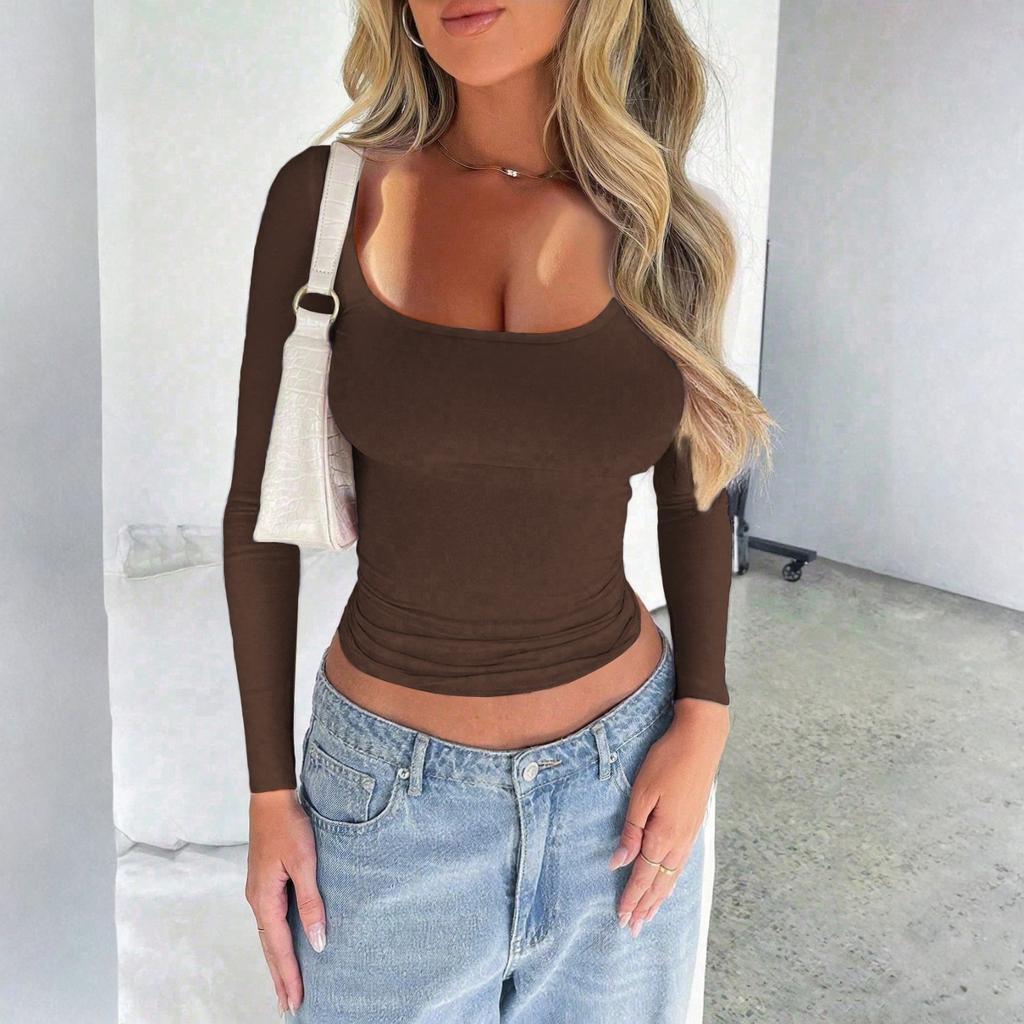Ladies' Casual Fashion Solid Color U-neck Long Sleeved Base Shirt T-shirt Comfortable Top