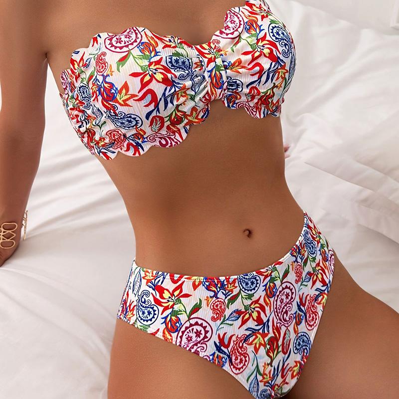 Sexy Flowers Printed Ruffled Frilled Bikini Women Swimwear Female Swimsuit Two-pieces Bikini Set Bather Bathing Suit Swim