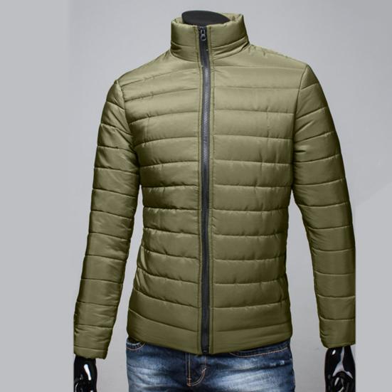 Pockets Zipper Closure Men Coat Autumn Winter Solid Color Stand Collar Puffer Jacket Outerwear