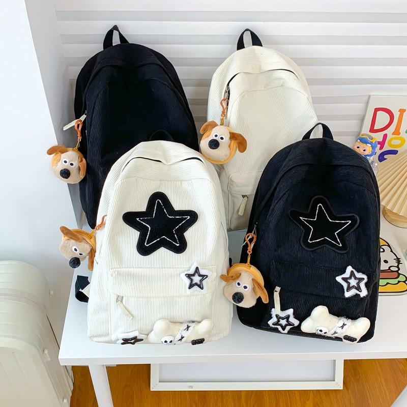 Schoolbag Unisex Kids Black New Star School Bag Women's Japanese Corduroy Large Capacity College Style Backpack Junior High School Student Small Backpack