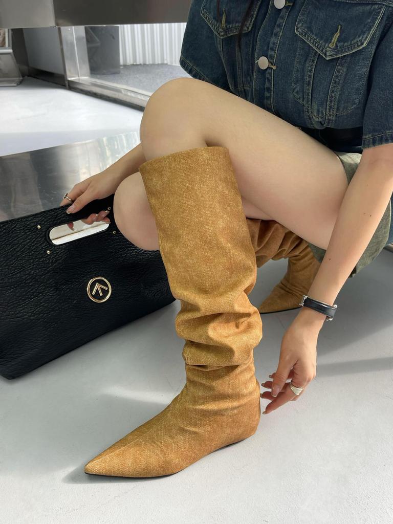2025 Autumn New Models Are Flat-bottomed Pointed-toed Tall Tube Two-through Knee Denim Blue Thin Knight Women's Pleated Boots