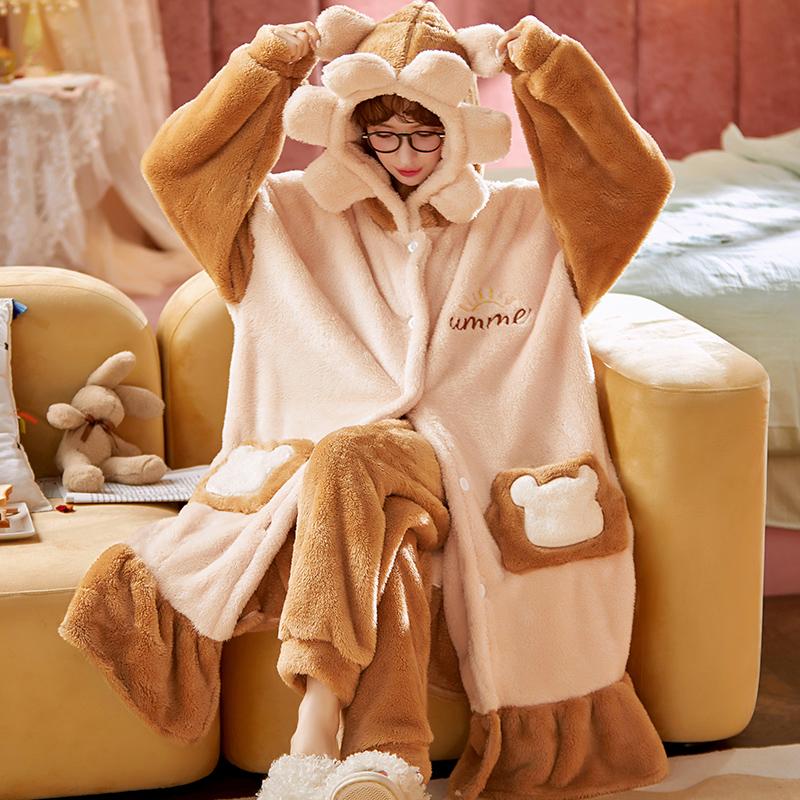 Cartoon Thicken Kimono Bathrobe Women's Dressing Gown Pajamas Hooded Robes Coral Fleece Sleepwear Winter Coats for Home Clothes