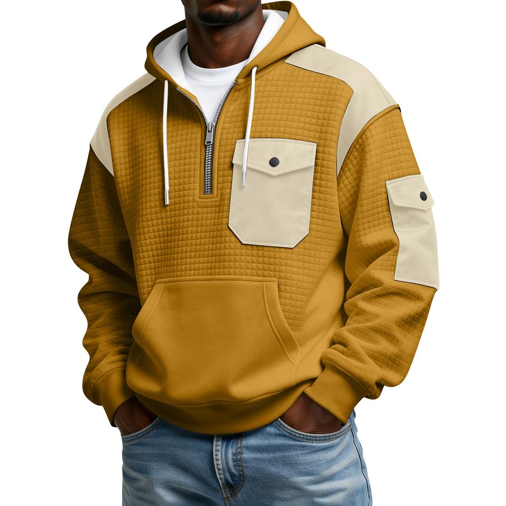 Men's Winter Color Blocked Button-Down Collar Multi-Pocket Hoodie Men's Sports Plus Size Casual Sweatshirt