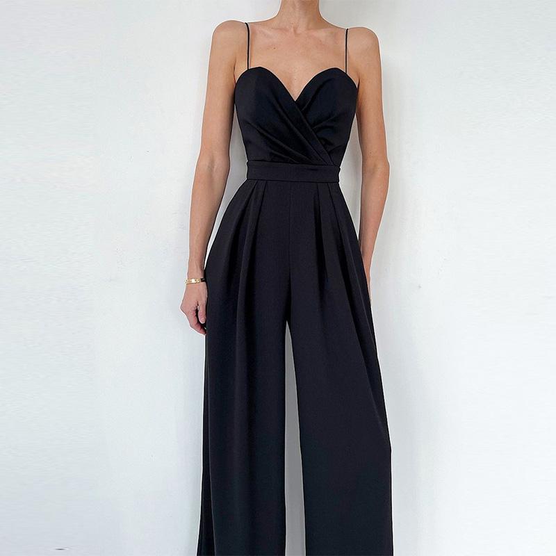 Spring Summer Casual Wide Leg Long Jumpsuit Female Solid Color Draped Slim Playsuit Women Elegant High Waist Strap Solid One Piece Romper
