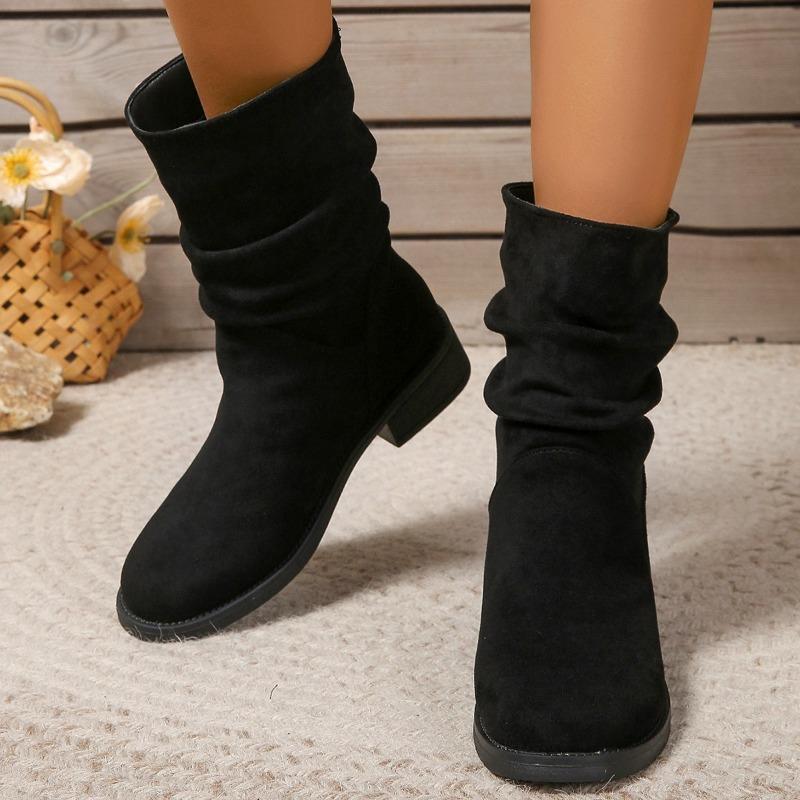 2024 Fashionable and Comfortable Women's Boots Autumn Round Toe New Solid Color Short Tube Thick Heel Sleeve Suede Fashion Boots
