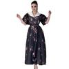 2024 Summer Women's Fashion Color-Block Puff Sleeve Waist-Tied Long Dress
