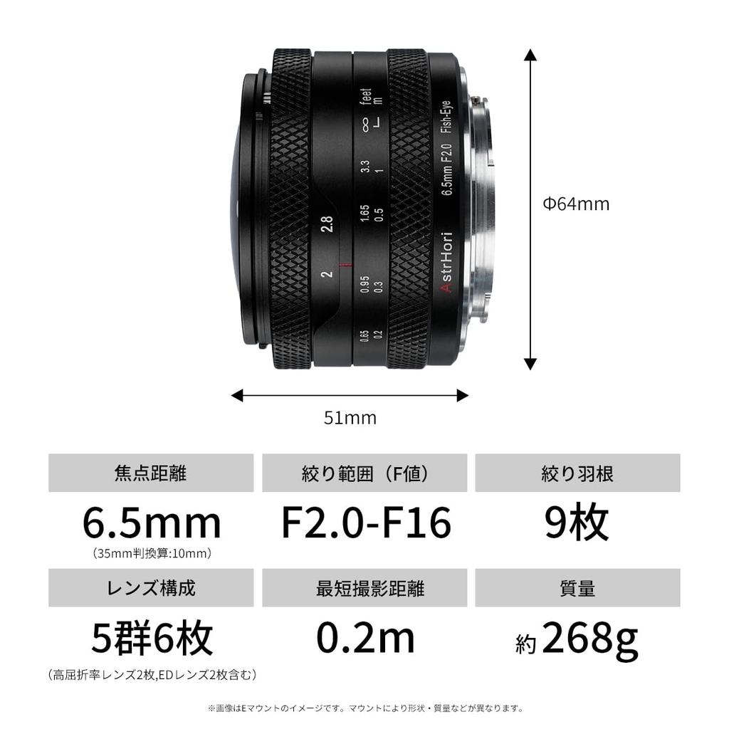AstrHori Circular Fisheye Micro Four MF Single Large Black 6.5mm F2.0 Lens, 192° Ultra-Wide Angle, APS-C Compatible, Thirds, (Manual Focus), Focus,
