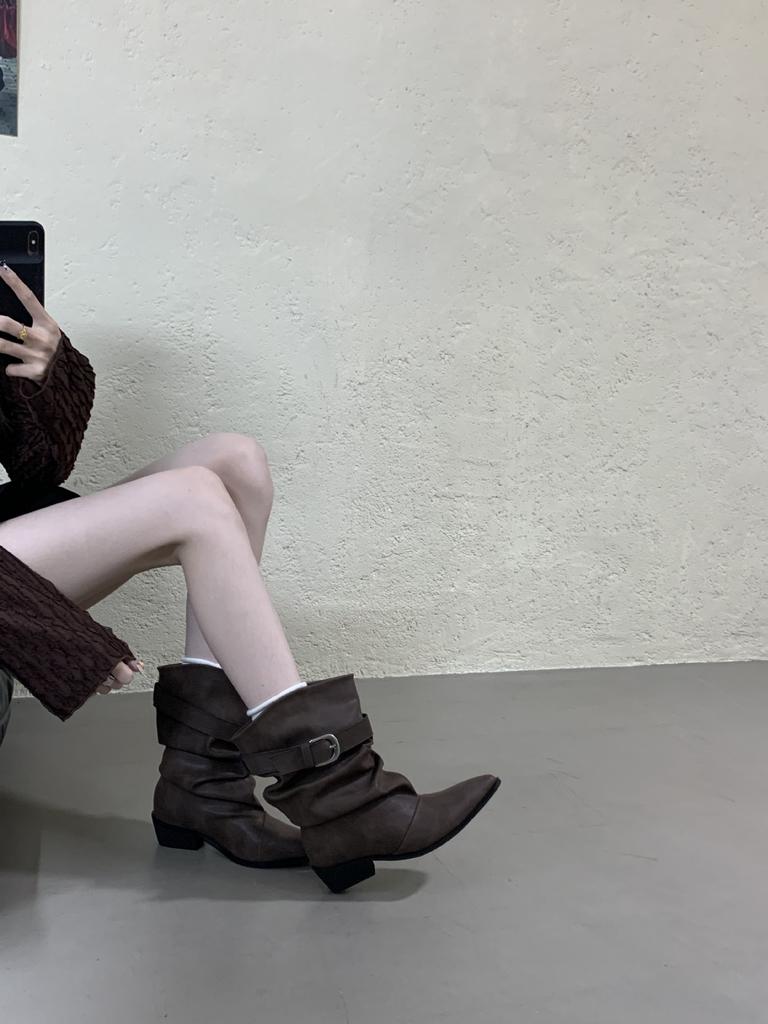 Pointed thick heel high heel temperament thin new belt buckle French fashion sexy short boots women