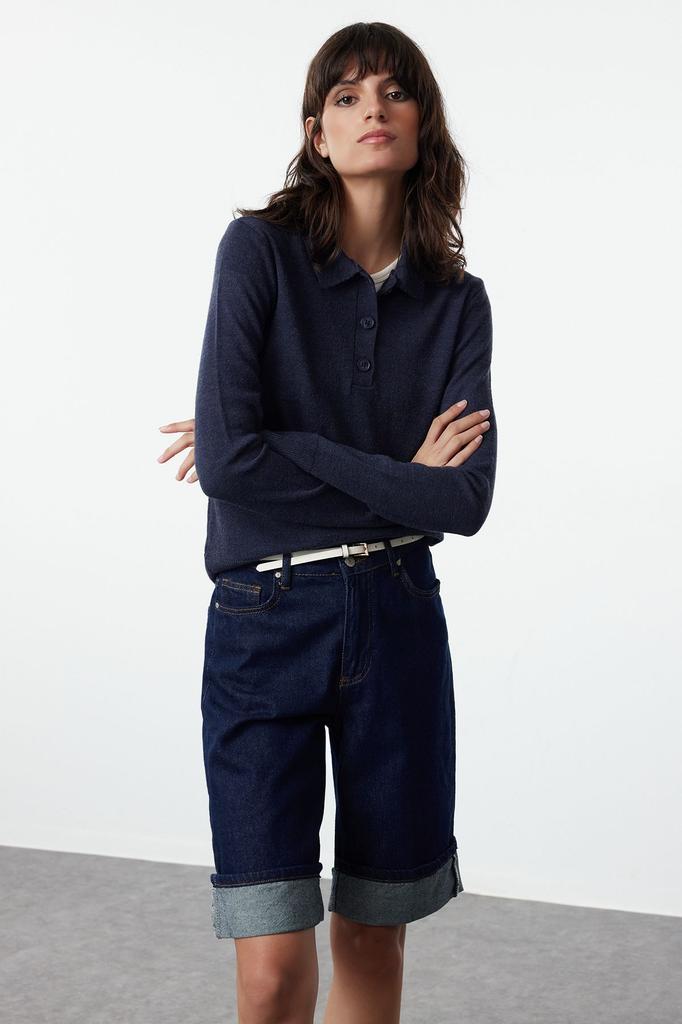 Women's Elegance Style Sweater Navy Blue Wool Polo Neck Knitwear Sweater