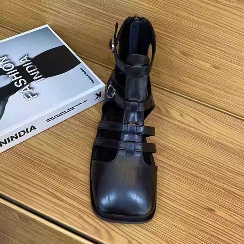 Summer High-quality Women's Shoes, Fashionable Solid Color Low-heeled Square Toe One-line Buckle Zipper Women's Toe-cap Sandals