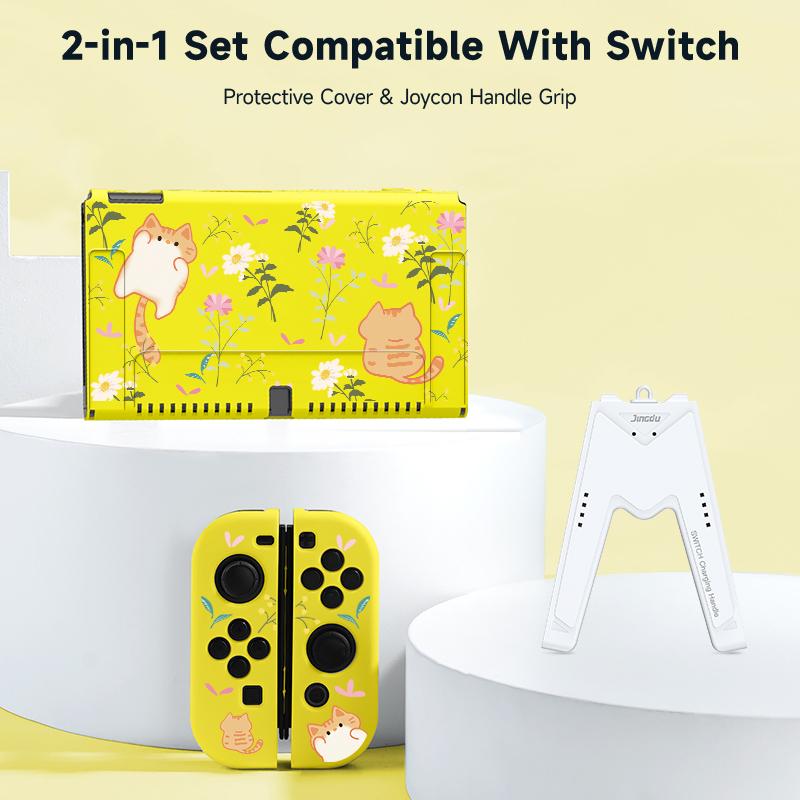 1 Piece Orange Cat and Flower Protective Case with 1 Gamepad Grip for Switch NS/Oled, Drop and Scratch Resistant