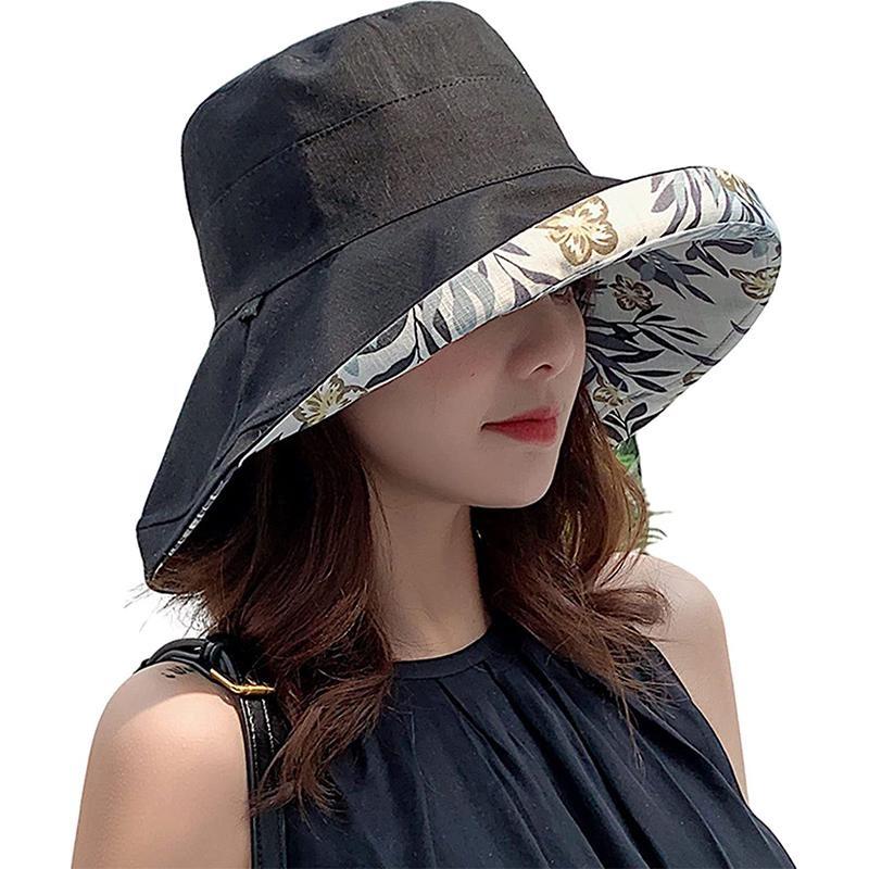 Wide Brim Cotton Summer Hat Women Packable Reversible Floral Bucket Hat UV Sun Protection Wide Brim Summer Beach Cap Double Sided Floppy Sun Hats CLE