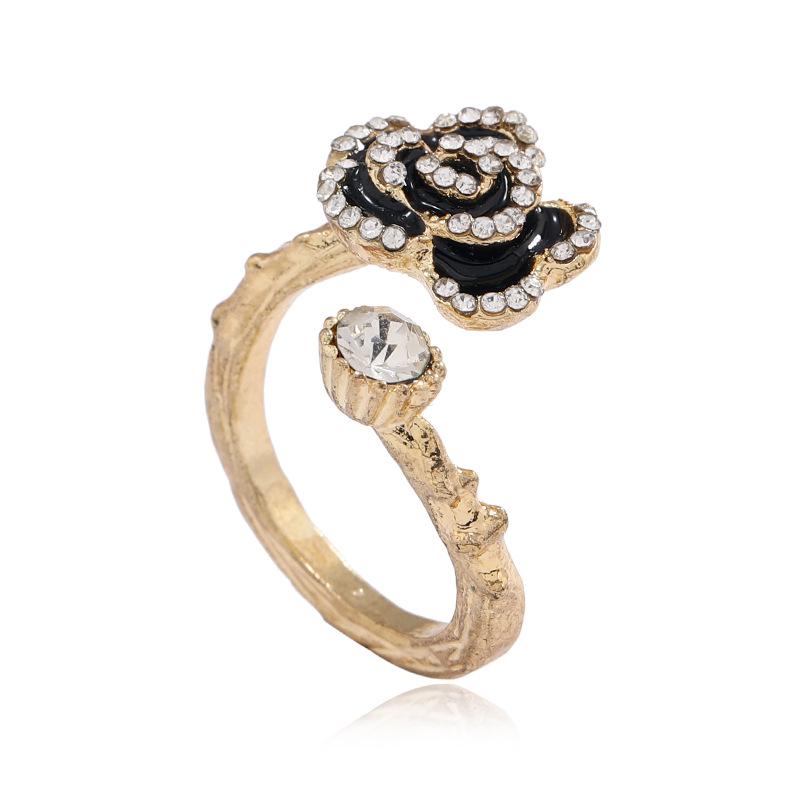Korean Trendy Rhinestone Peony Flower Open Ring Creative Design Adjustable