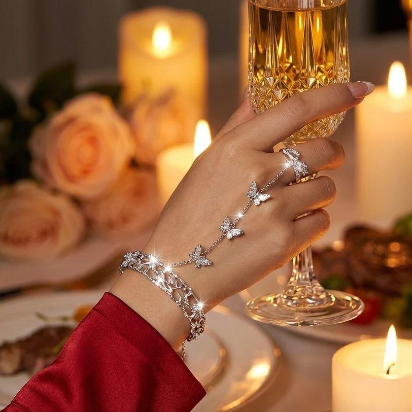 Women Silver Crystal Zircon Butterfly Hand Chain Finger Ring Bracelet Rhinestone Party Jewelry