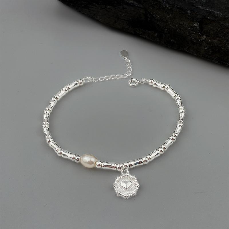 Vintage 925 Silver Bamboo Pearl Bracelet for Women Korean Style Round Bead Heart-shaped Bracelets Jewelry Birthday Gift