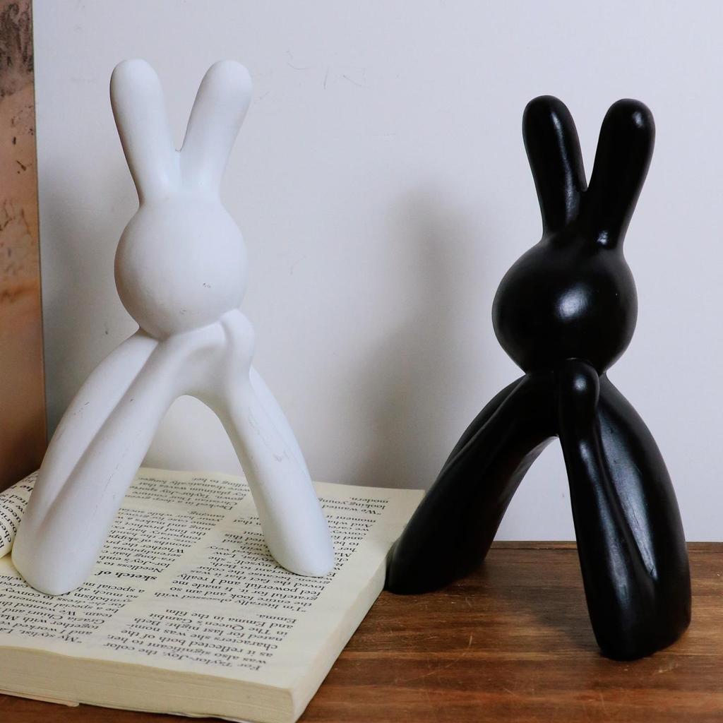 Black and White Resin Rabbit Thinking Figurine - Cute Cartoon Animal Decor for Home, Bedroom, or Study Desk