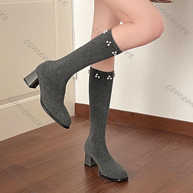 Comemore Versatile Square Head Thick High Heels Sock Boots for Women Spring Autumn Pearl Slip On Mid-calf Botas Female