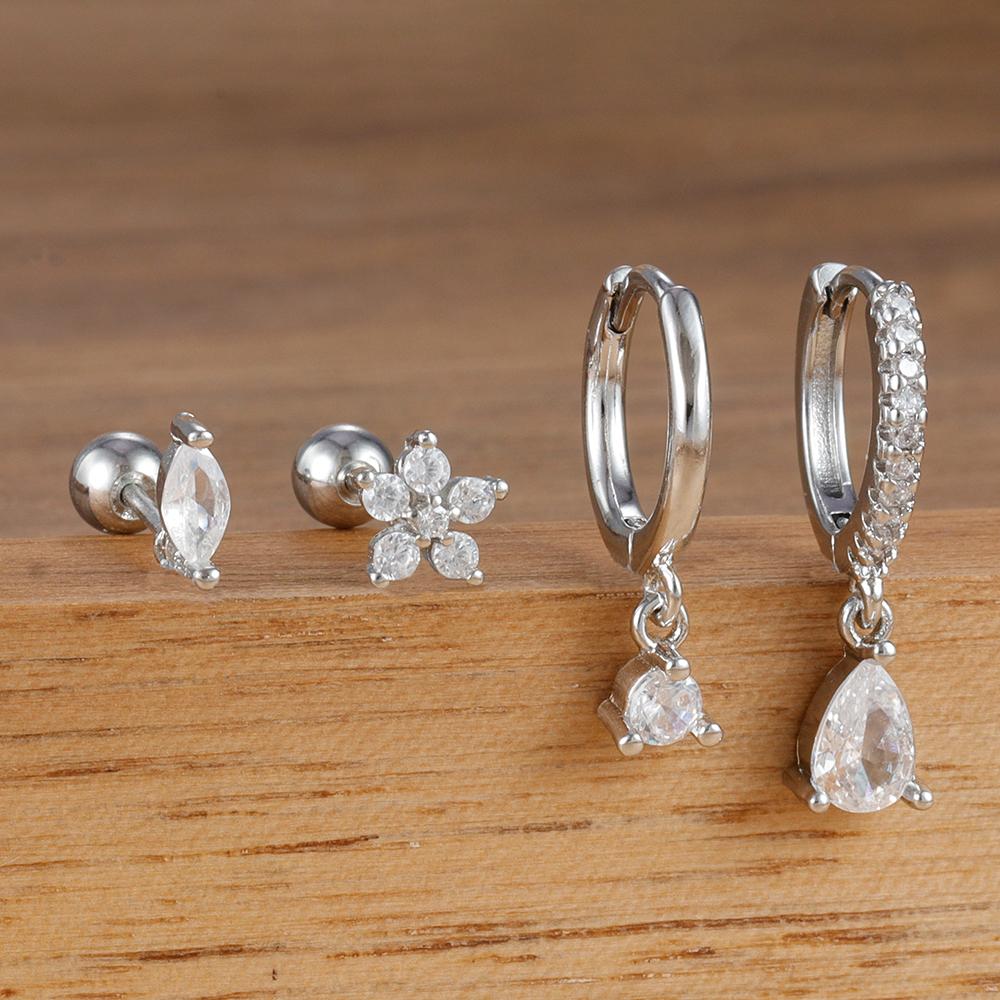 4PCS New Design Stainless Steel Water Drop Cubic Zirconia Dangle Earrings Set Flowers Horse Eyes Stud Piercing Earring Jewelry